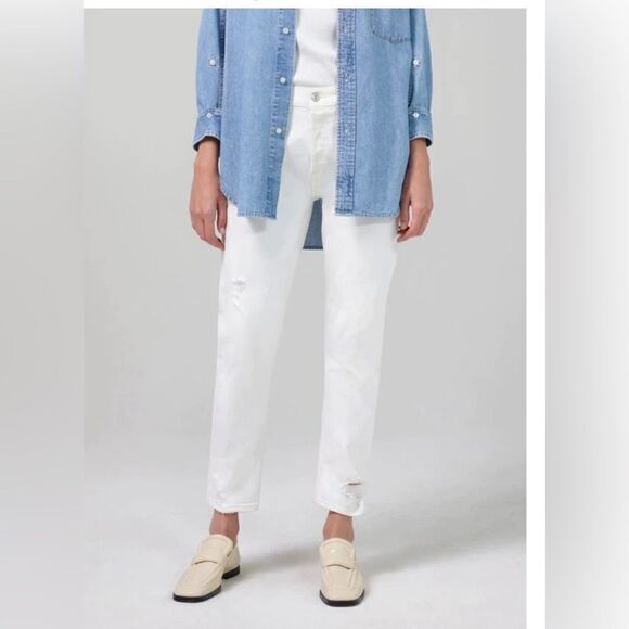 Citizens of Humanity NWT Emerson Distressed Slim Boyfriend Jeans White 25 $260 - Picture 3 of 12
